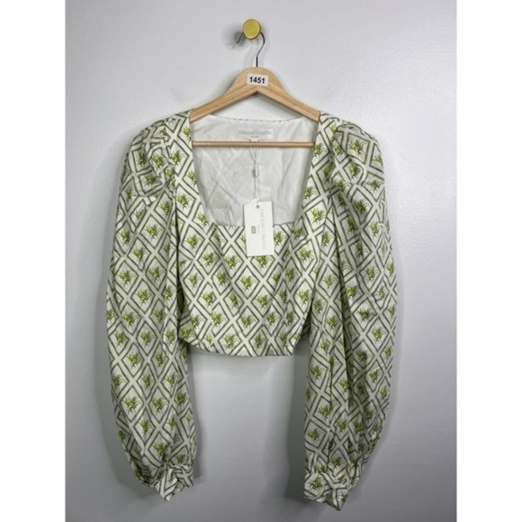NWT Caroline Constas Elliot Puff Sleeve Green and White Leaf Printed Blouse Top - Picture 2 of 8